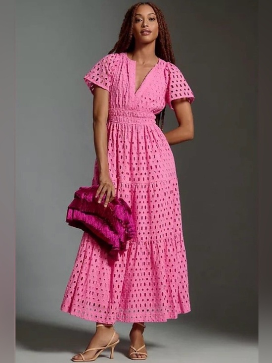 Anthropologie Dresses & Skirts - Anthropologie Somerset Pink Eyelet Maxi Summer Smocked Tiered cotton Dress 1X
